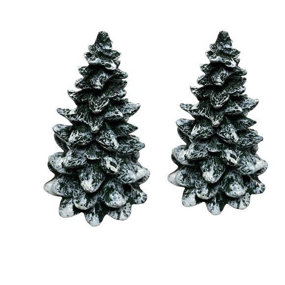 Vintage Snow-Covered Christmas Tree Figurines (Set of 2) – Rustic Ceramic Decor - Picture 2 of 8